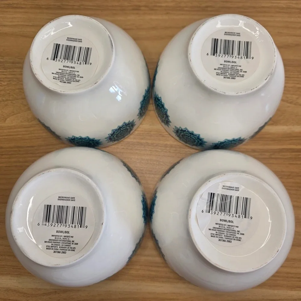New Royal Norfolk Snowflake Medallion Teal Blue‎ Ceramic Soup Cereal Bowls Qty 4